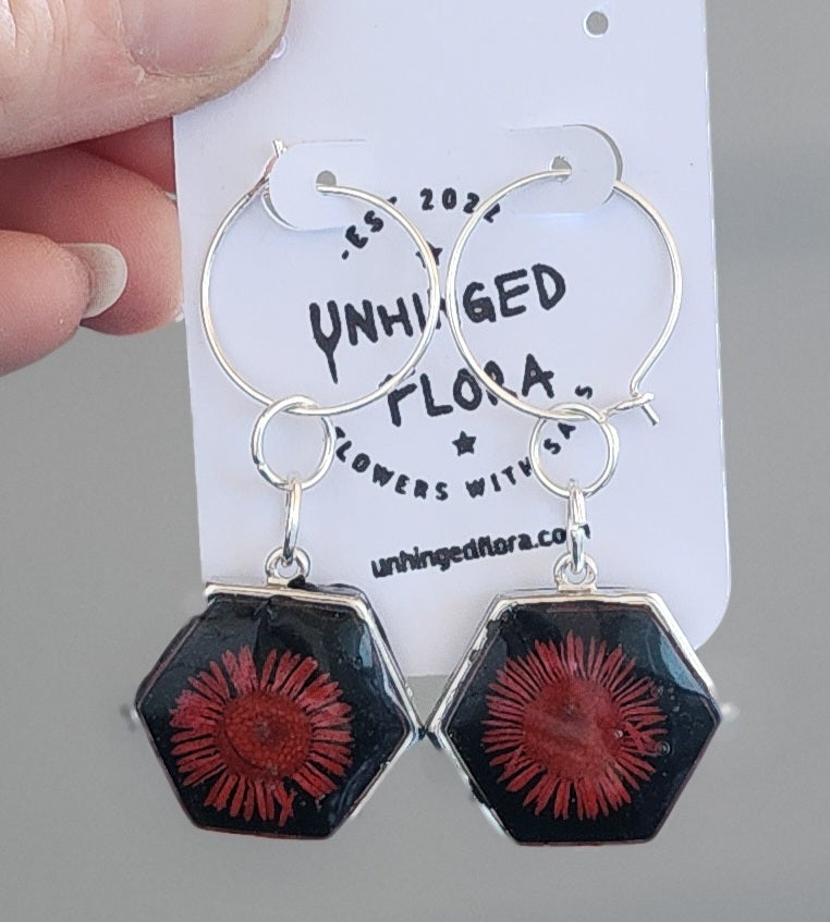 Pressed Flower Earrings - red bloom on black background