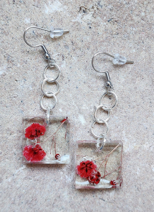 Pressed Flower Earrings - Red Baby's Breath