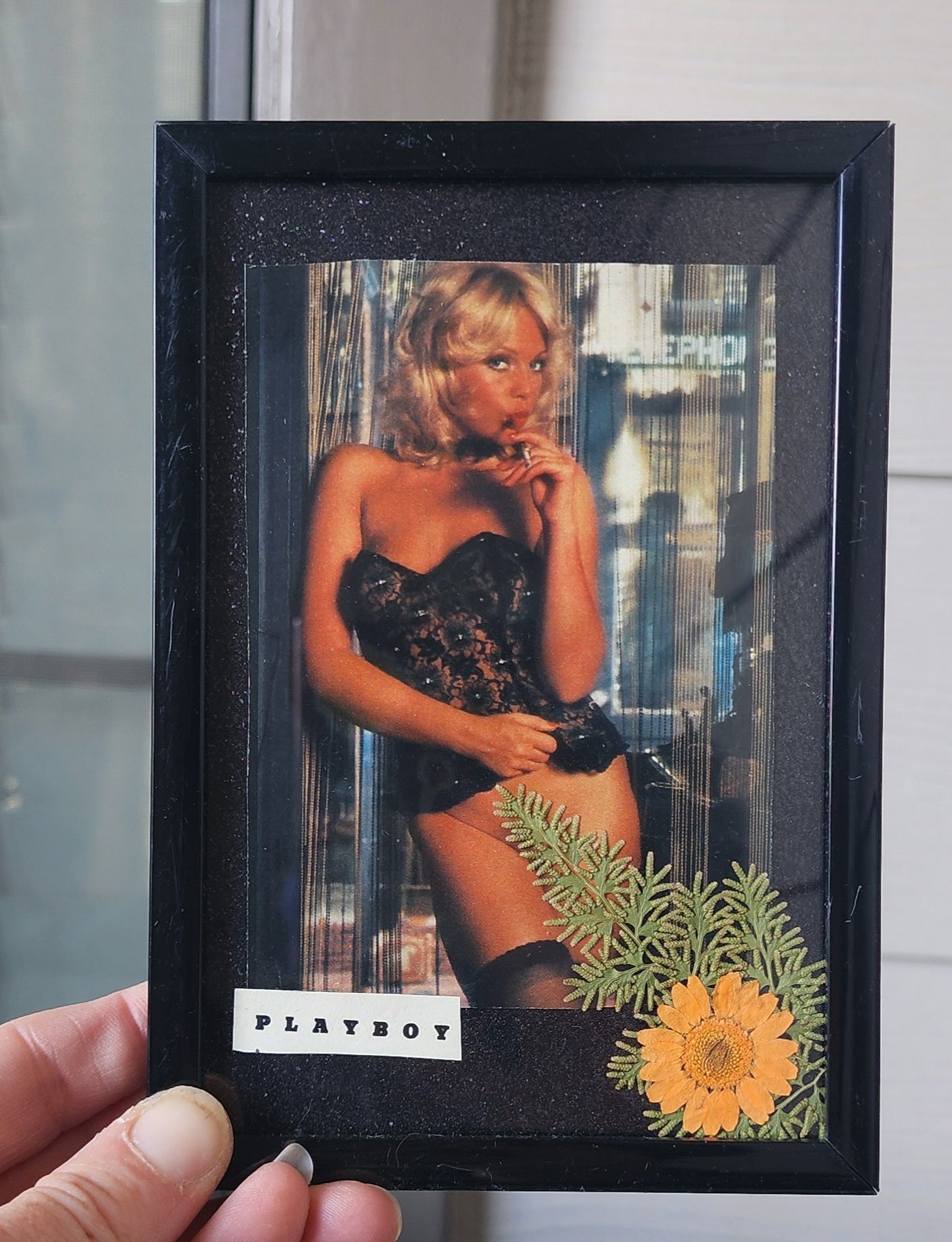 Framed Vintage Playboy & Pressed Flower Art - 4 x 6