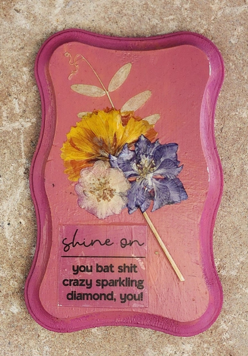 "Shine On You Bat Shit Crazy Sparkling Diamond You" Plaque with Real Pressed Flowers