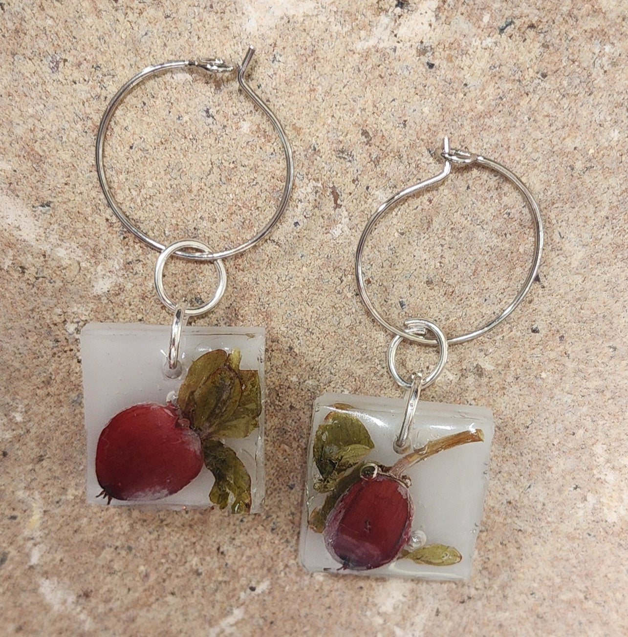 Pressed Flower Hoop Earrings -  Hypericum Berries