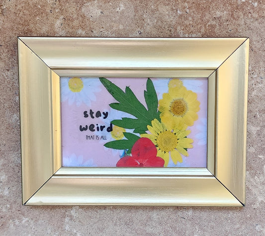 Magnet - "Stay weird. That is all" with real pressed flowers in gold frame