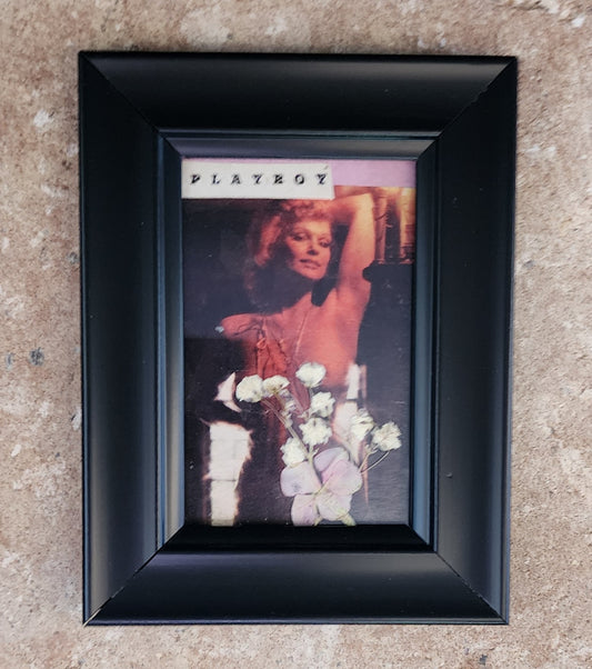Magnet - Vintage Playboy with real pressed flowers in black frame