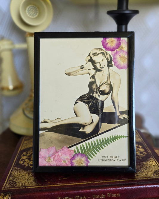 Framed Vintage Pin-up Model Photo with Pressed Flowers