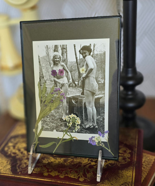 Framed "Homemade" Vintage Smut With 2 Ladies and Pressed Flowers